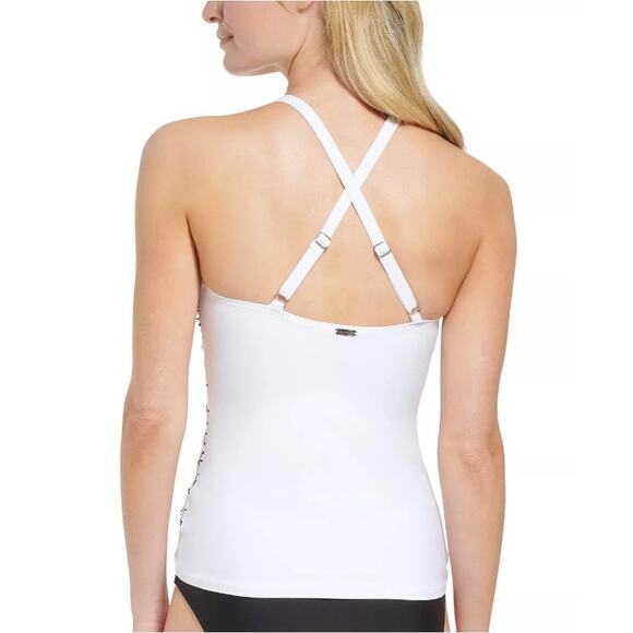 Calvin Klein Women White Printed High-Neck Cross-Back Swim Tankini Top Size XL - Picture 2 of 7